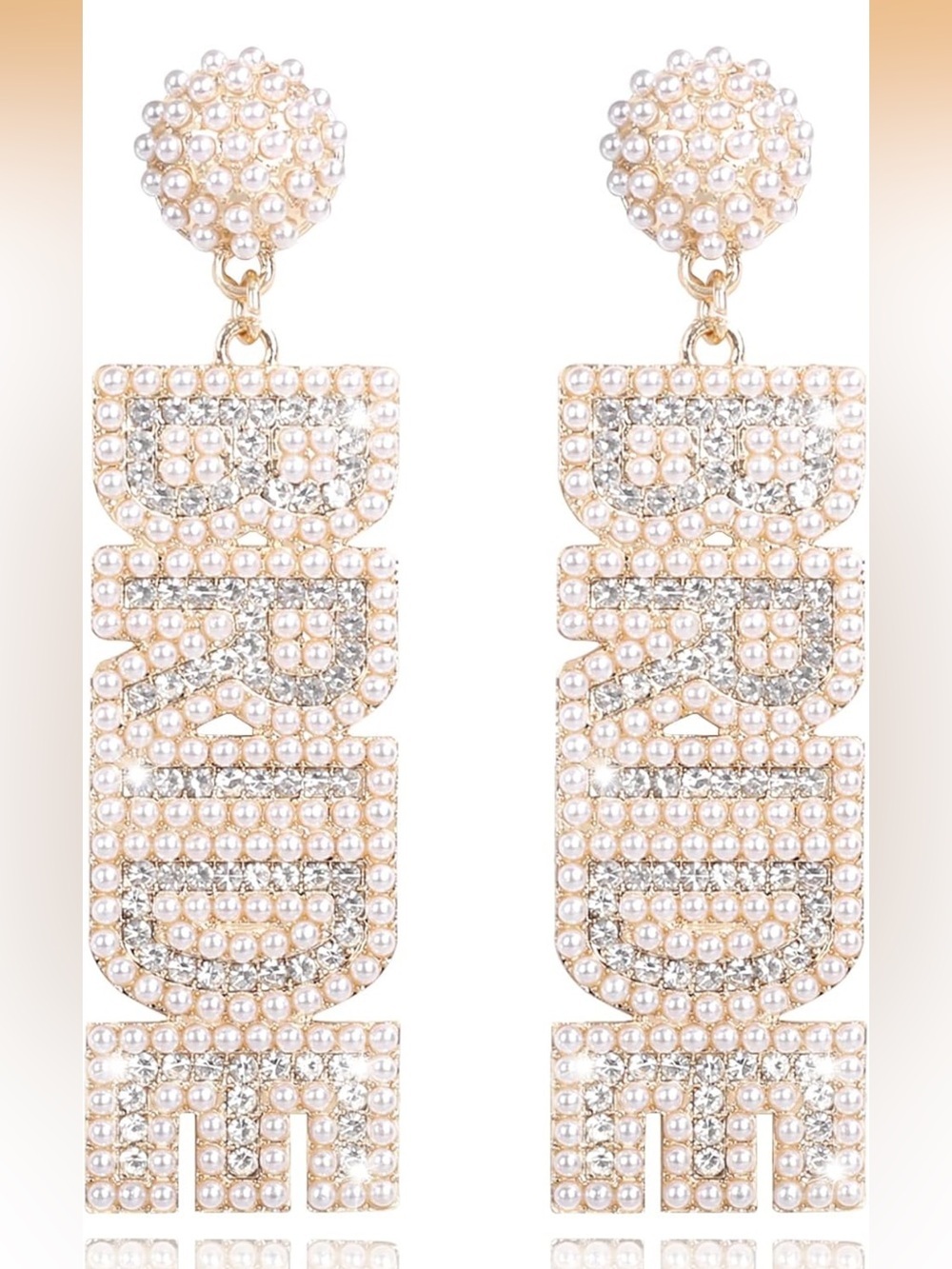 Anthropologie Gold and Pearl 'BRIDE' Crystal Drop Earrings - Picture 4 of 4